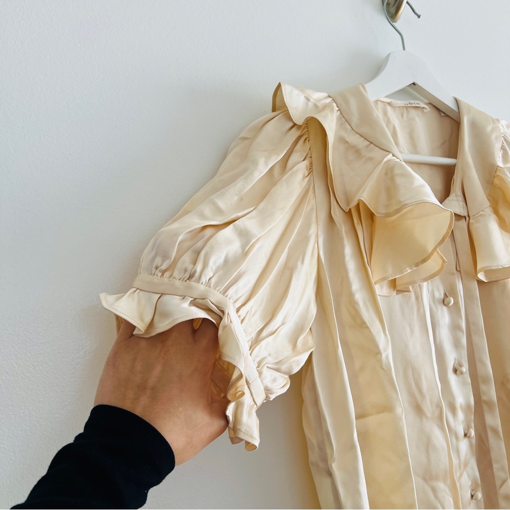 Doen Kelela Silk Charmeuse Blouse Cream Ruffle Puff Sleeve Romantic Size S - Picture 4 of 10
